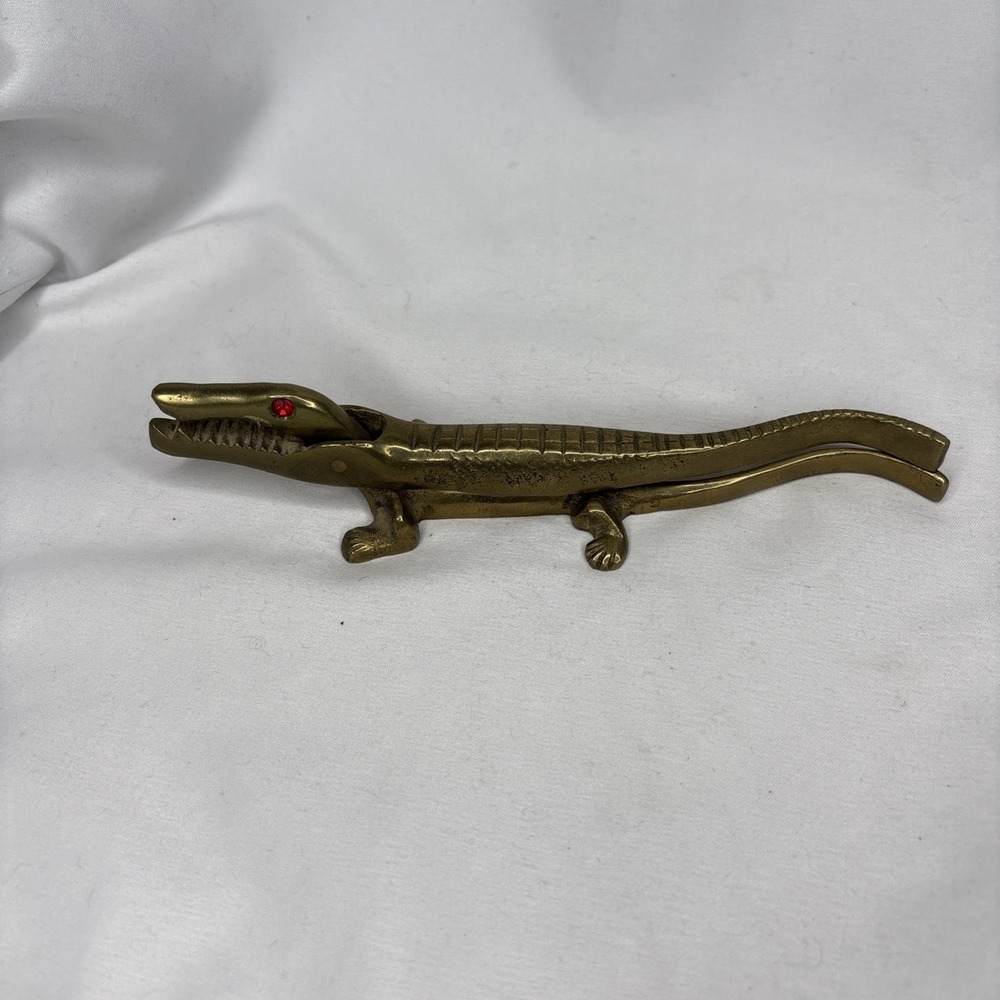 Vintage Brass Alligator Crocodile Nutcracker 7"‎ Gold Red Rhinestone Eyes